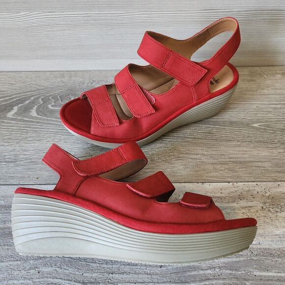 Clarks Collection Reedly Juno Red Sandals Women Size Wedge